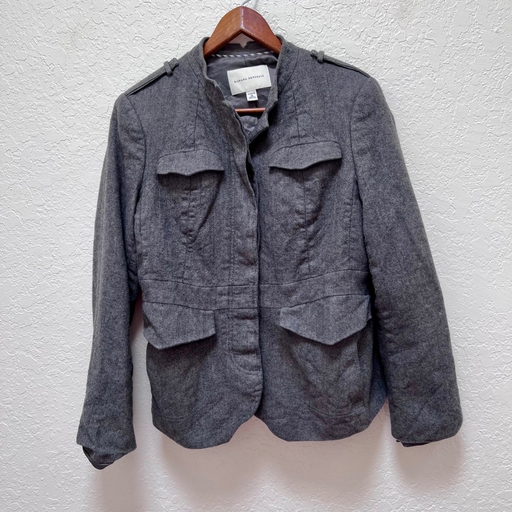Banana Republic‎ Womens Gray Wool Blend Military Utility Jacket Size 14 Stretch